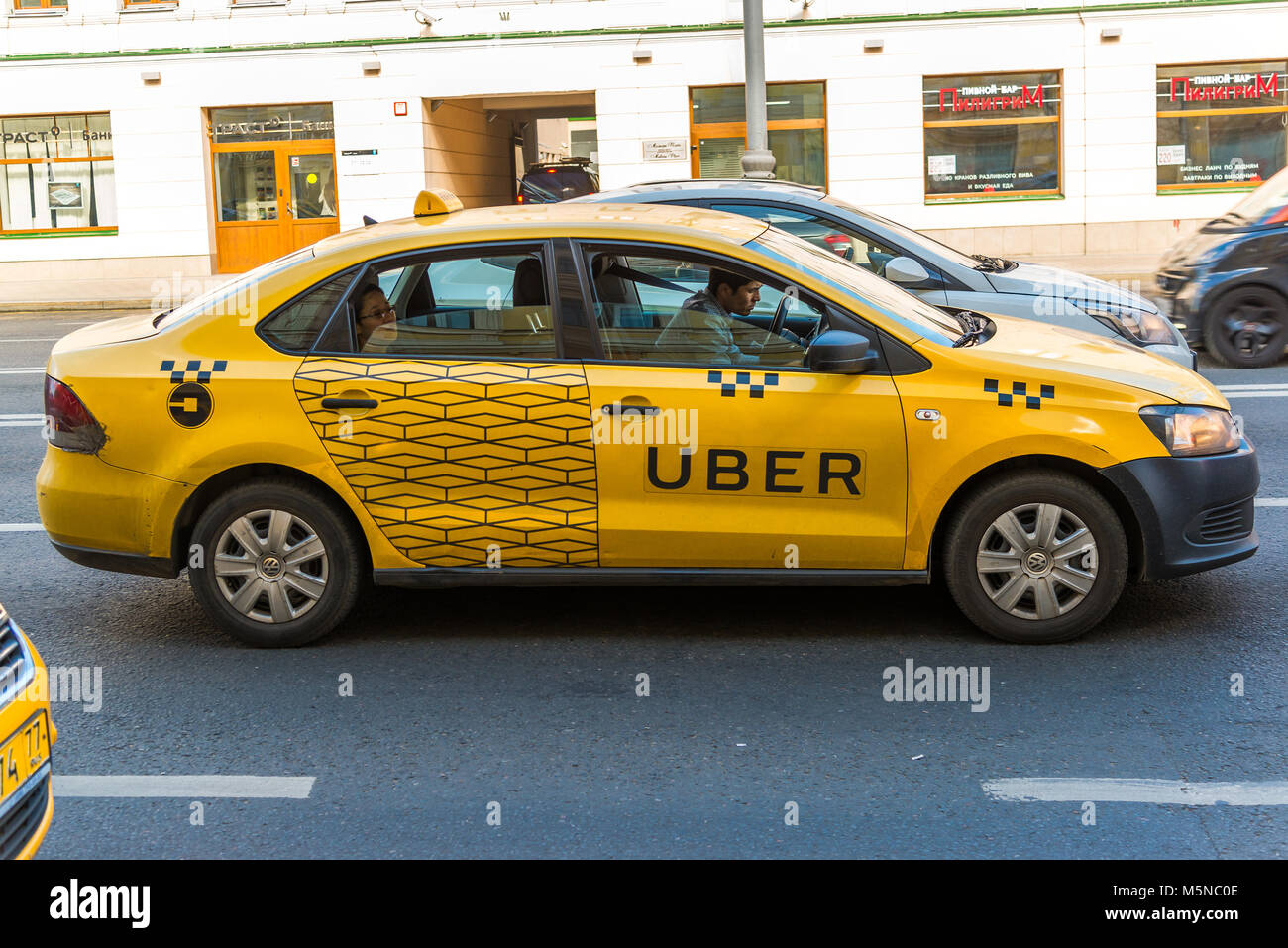 Moscow, Russia - July 24. 2017. Taxi company Uber go on prospekt