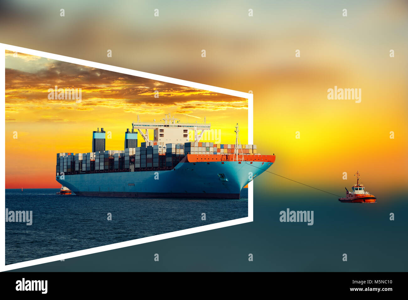 Container ship and tugboat - transport industry concept. Stock Photo