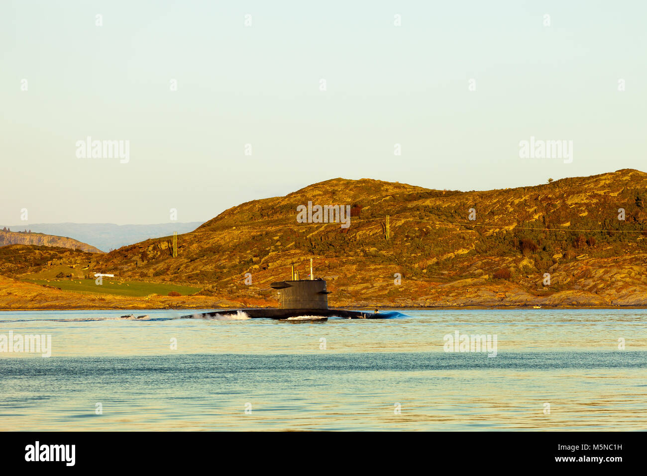 Submarine arriving at port in Norway. Stock Photo