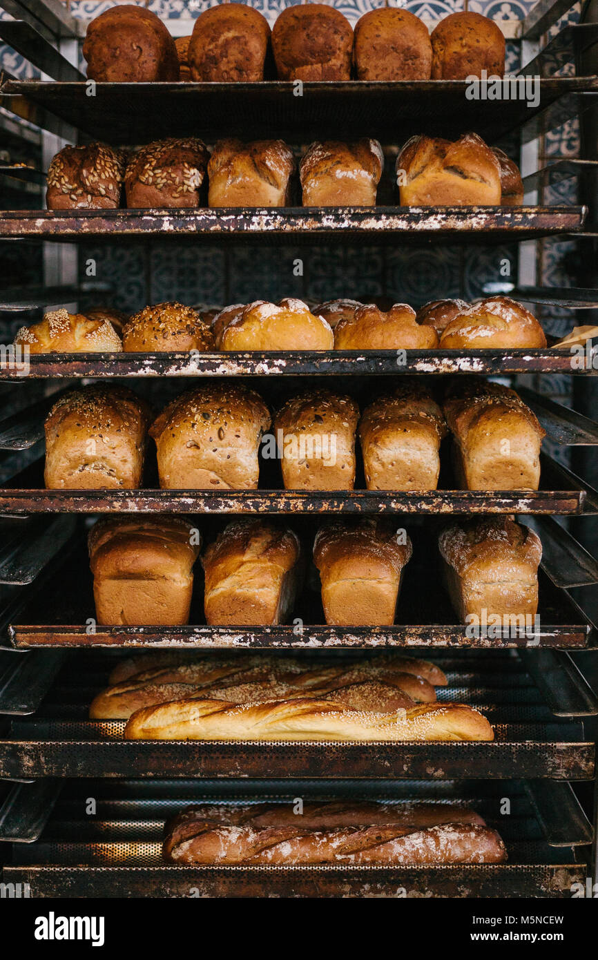 A lot of ready-made fresh bread in a bakery oven in a bakery. Bread making  business Stock Photo - Alamy
