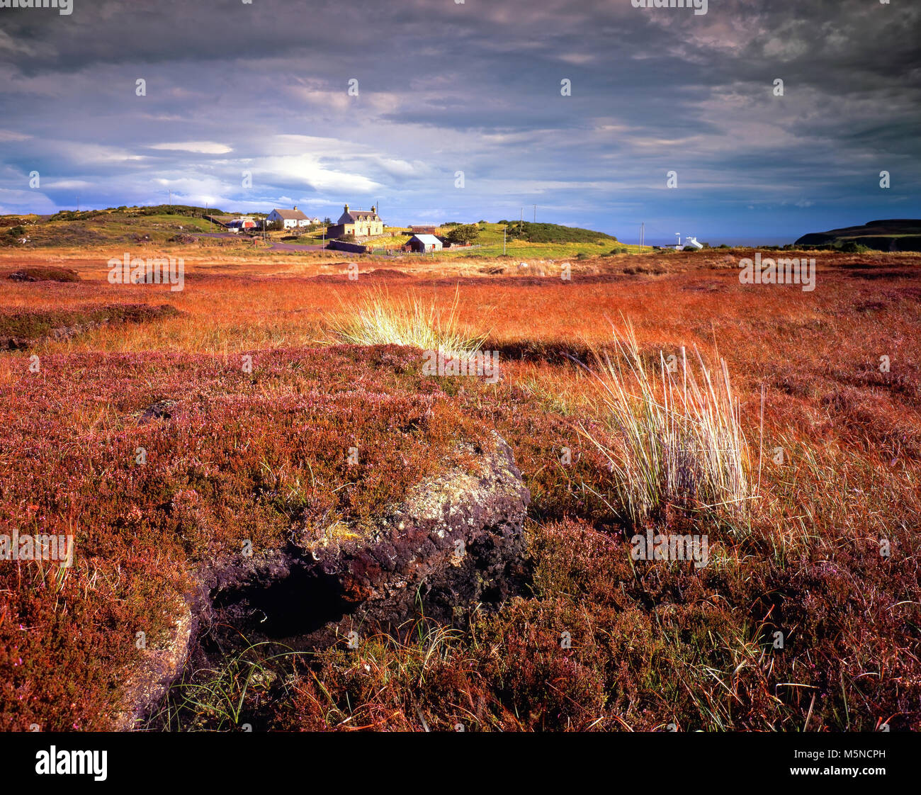A view across moorland towards the remote village of Strathy in Sutherland in northern Scotland. Stock Photo