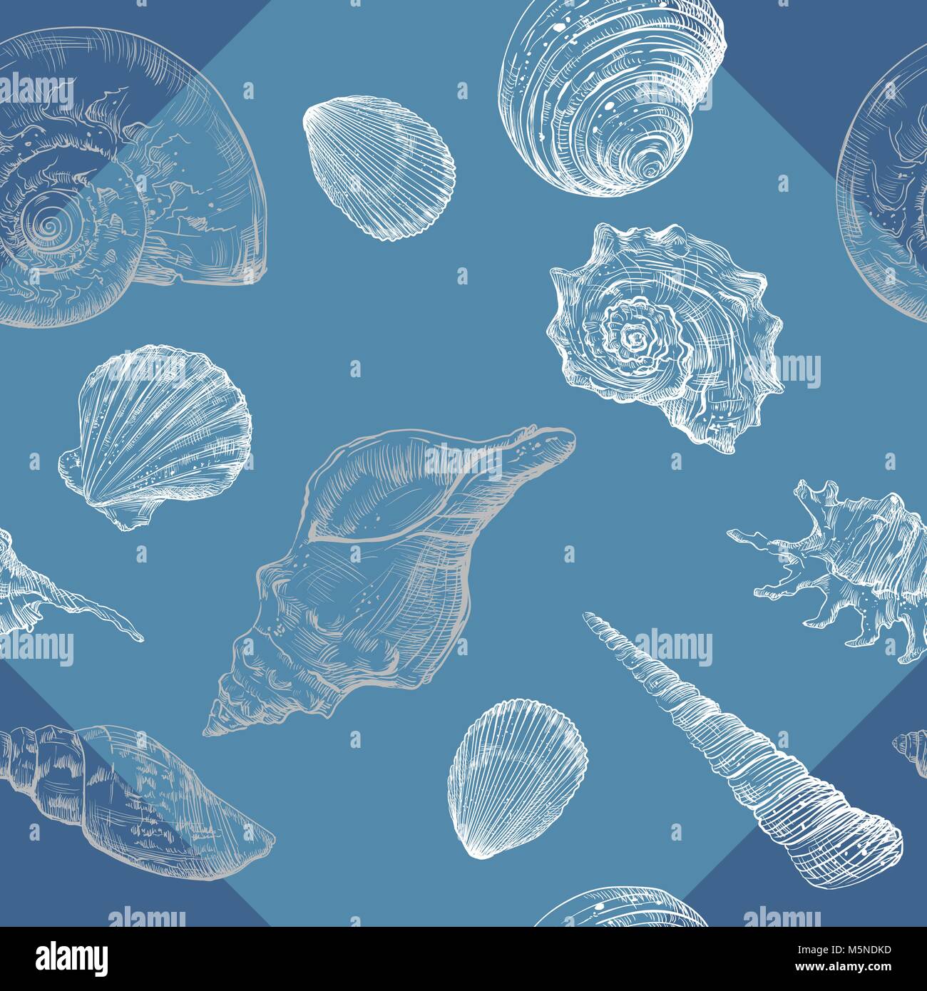Seamless pattern with white and grey seashells on blue background Stock ...