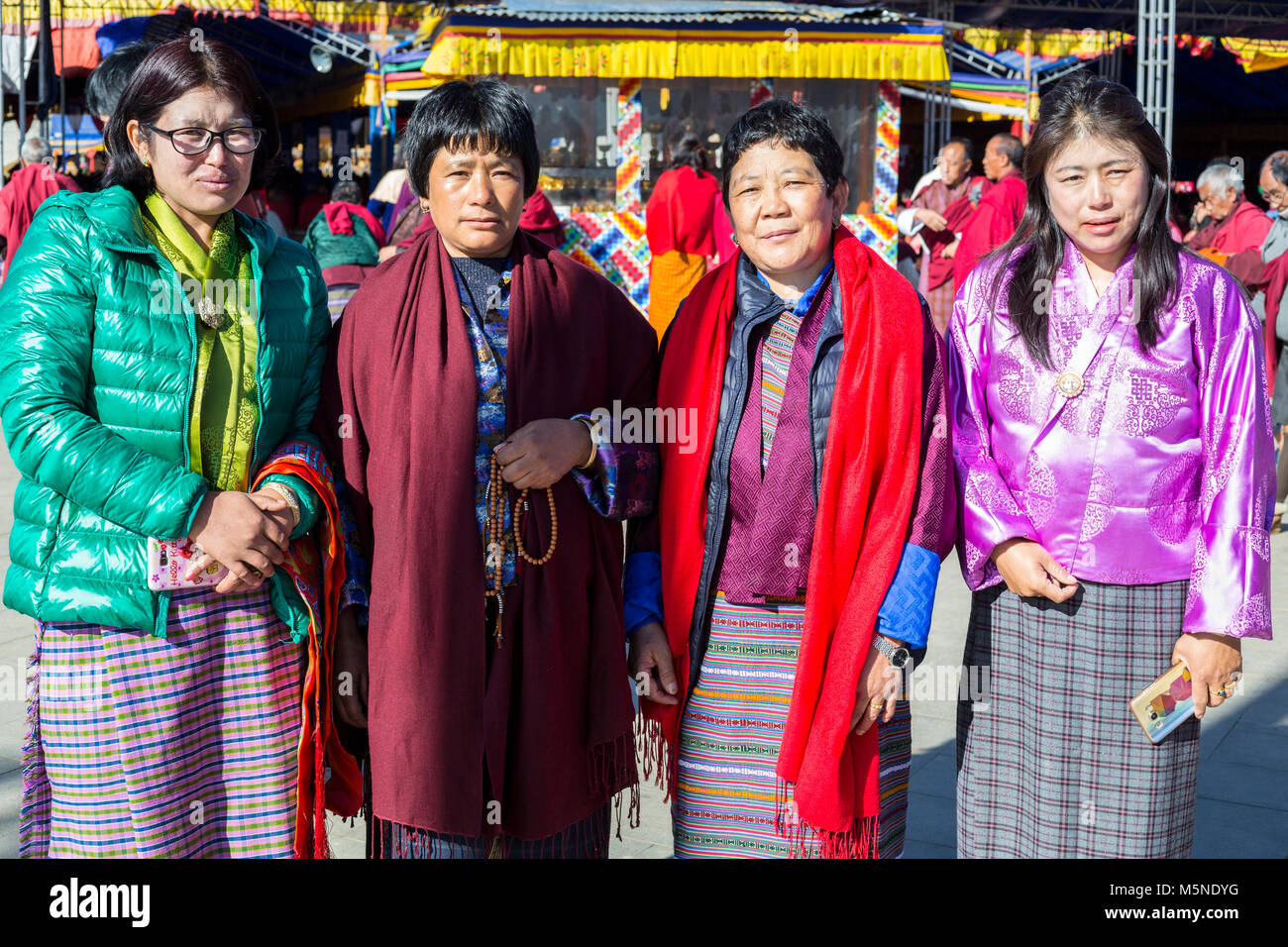 Thimphu, Bhutan.  Bhutanese Women Visiting the Great Buddha Dordenma Statue. Stock Photo