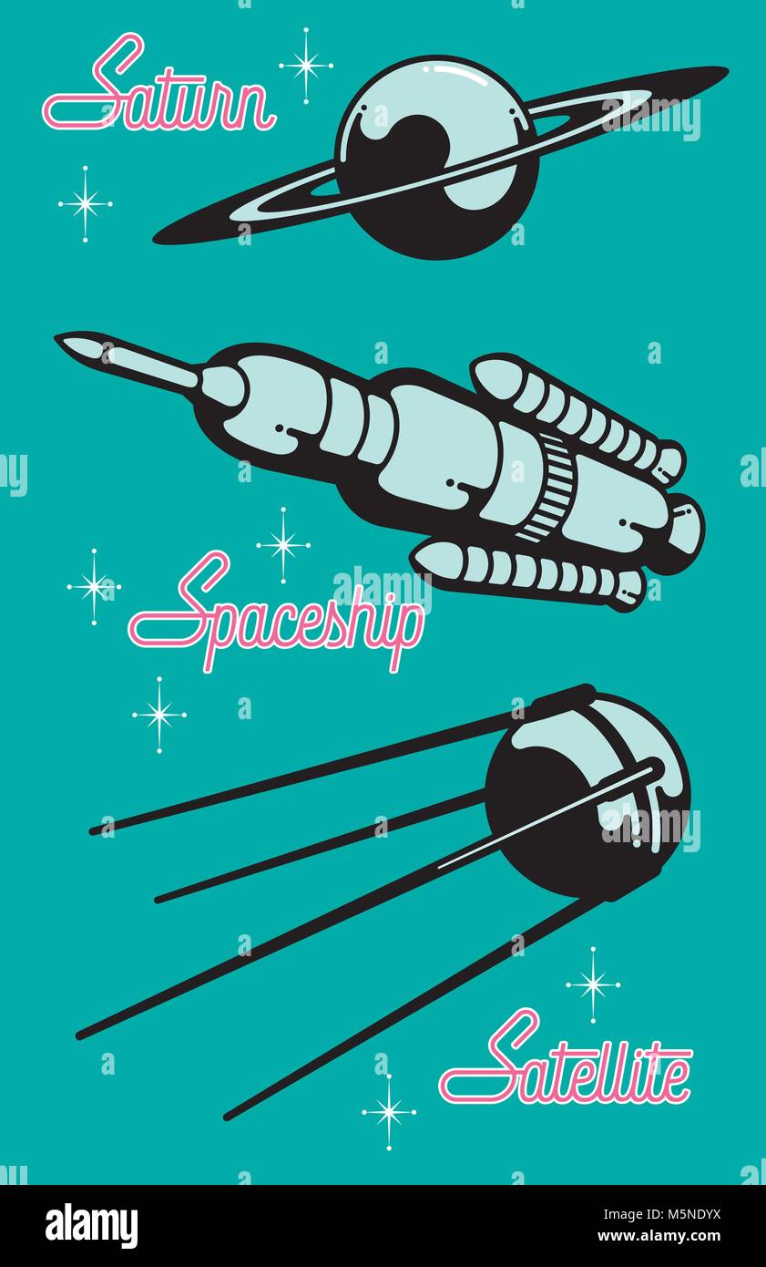 Retro Style Space Race Graphic Design Elements. Set of three vector illustrations of iconic space exploration elements including the planet saturn, a Stock Vector