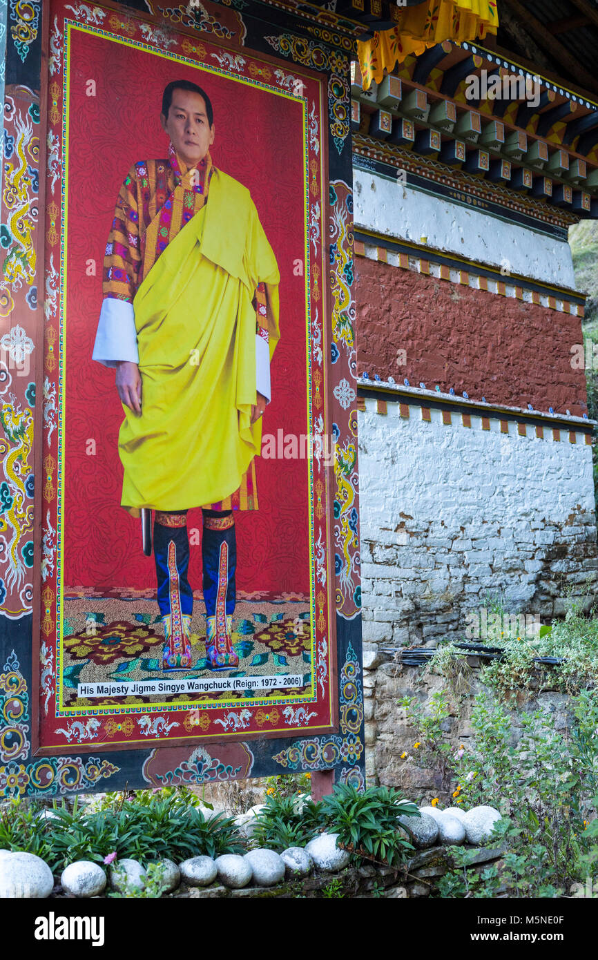 Jakar, Bhutan.  Portrait of Former King Jigme Singye Wangchuck, at the Jakar Dzong. Stock Photo