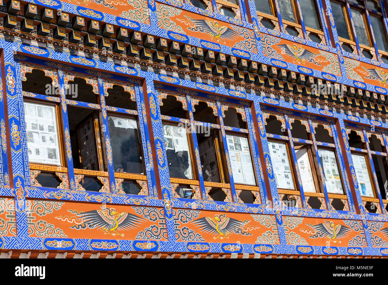Thimphu, Bhutan.  Window Decorations of a New Building under Construction. Stock Photo