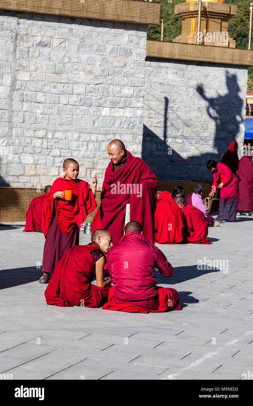 Thimphu, Bhutan.  Monks Eating and Talking below the Great Buddha Dordenma Statue. Stock Photo