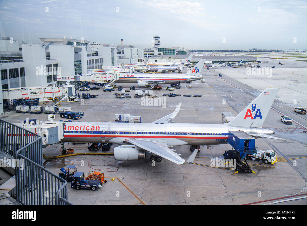Miami Florida International Airport MIA,gate,tarmac,American Airlines,commercial airliner airplane plane aircraft aeroplane,visitors travel traveling Stock Photo