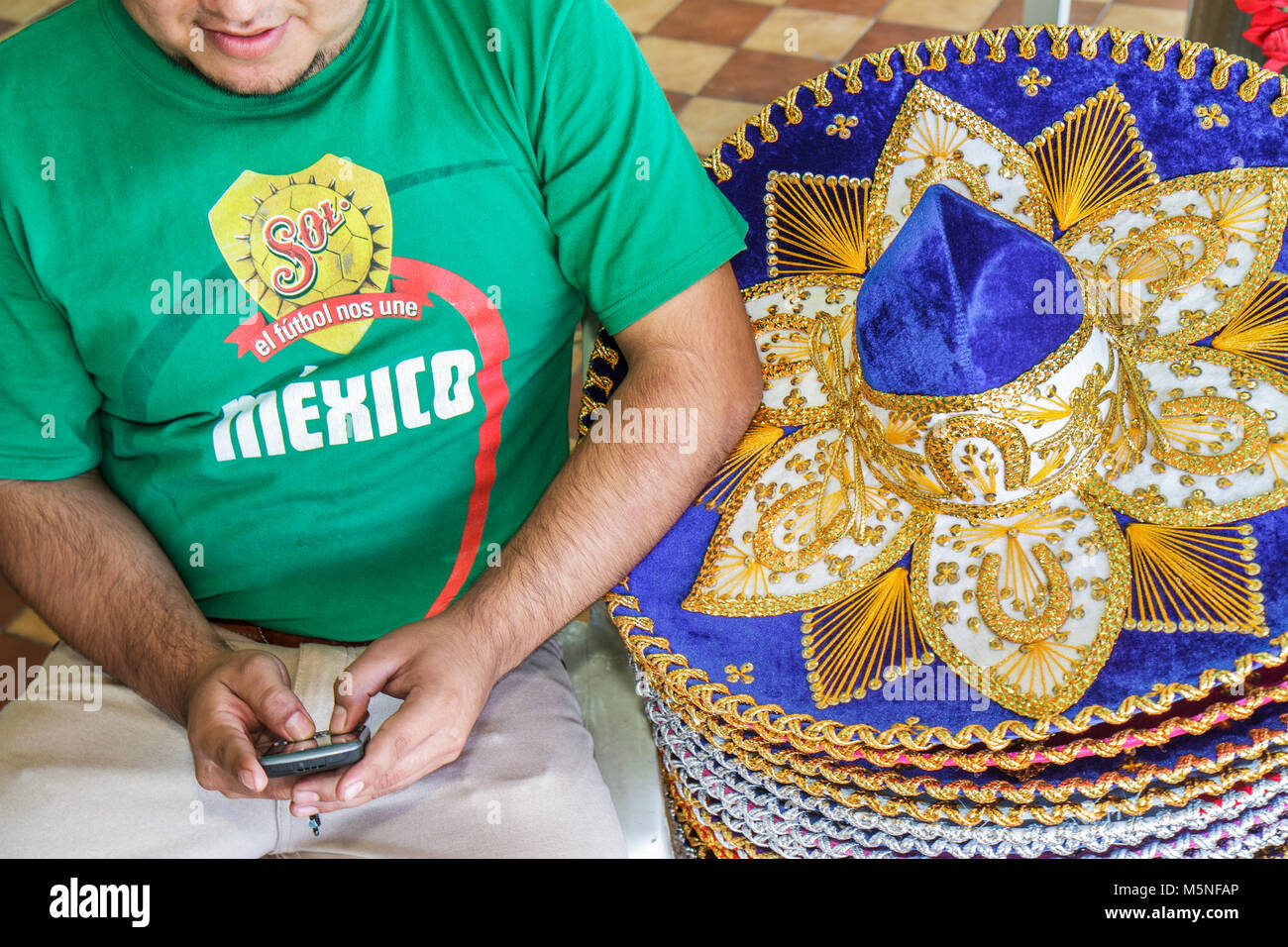Cancun Mexico,Mexican,Mercado,market,shopping shoppers shop shops buying selling,store stores business businesses,gift shop,souvenir,mariachi hat,fanc Stock Photo