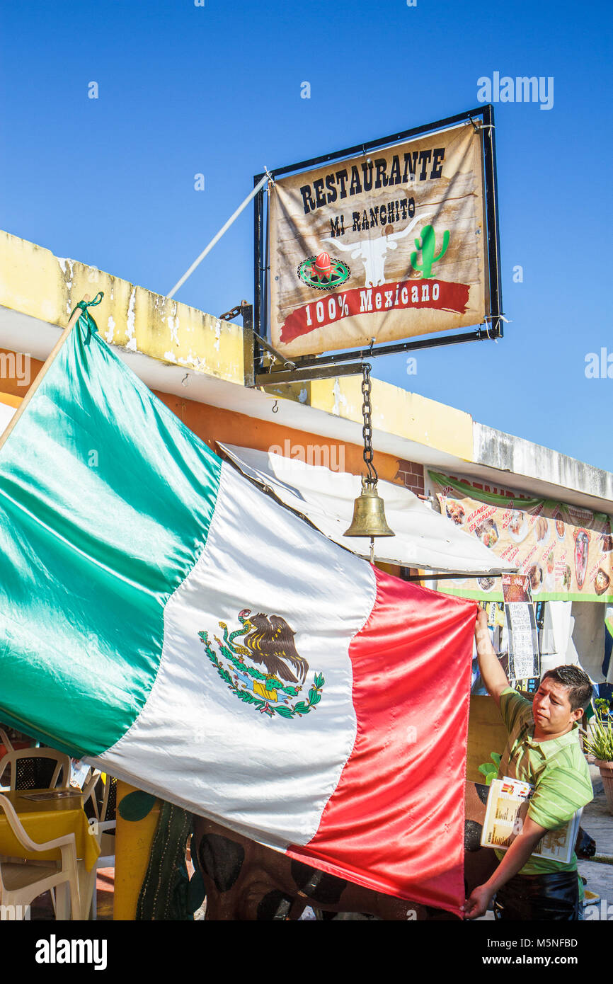 Cancun Mexico,Mexican,Mercado 28,restaurant restaurants food dining cafe cafes,Mi Ranchito,local cuisine,small business,Mexican flag,Hispanic man men Stock Photo