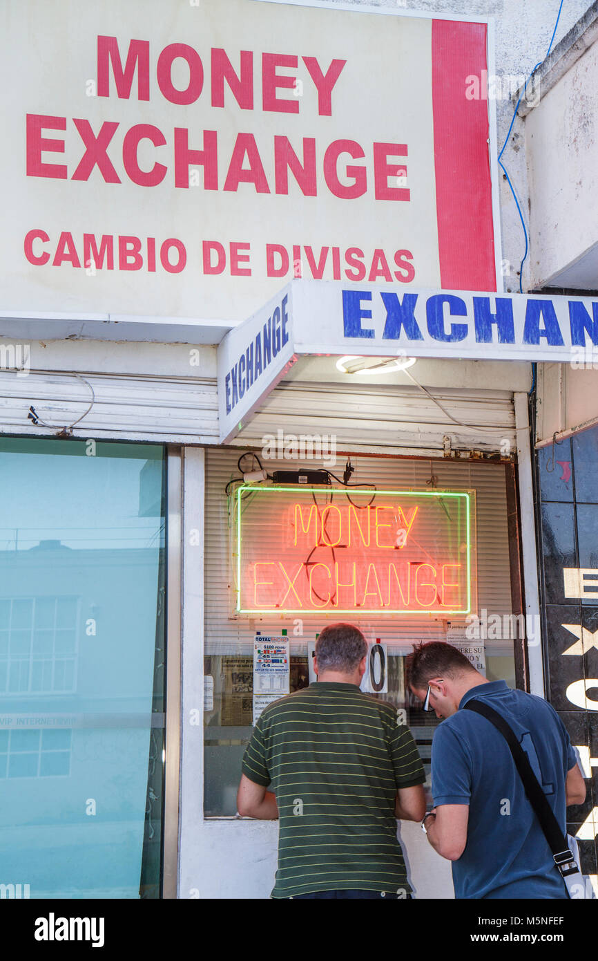 Cancun Mexico Mexican Mercado 28 Money Exchange Shop Foreign Currency Cambio De Divisas English Spanish Sign Neon Man Men Male Adult Adults Customer M Stock Photo Alamy