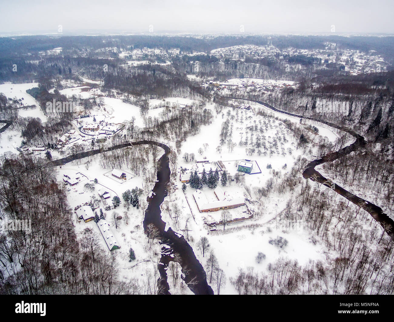 Vilnius, Lithuania: aerial top view of Vilnele river and Belmontas park in beautiful colors of winter Stock Photo