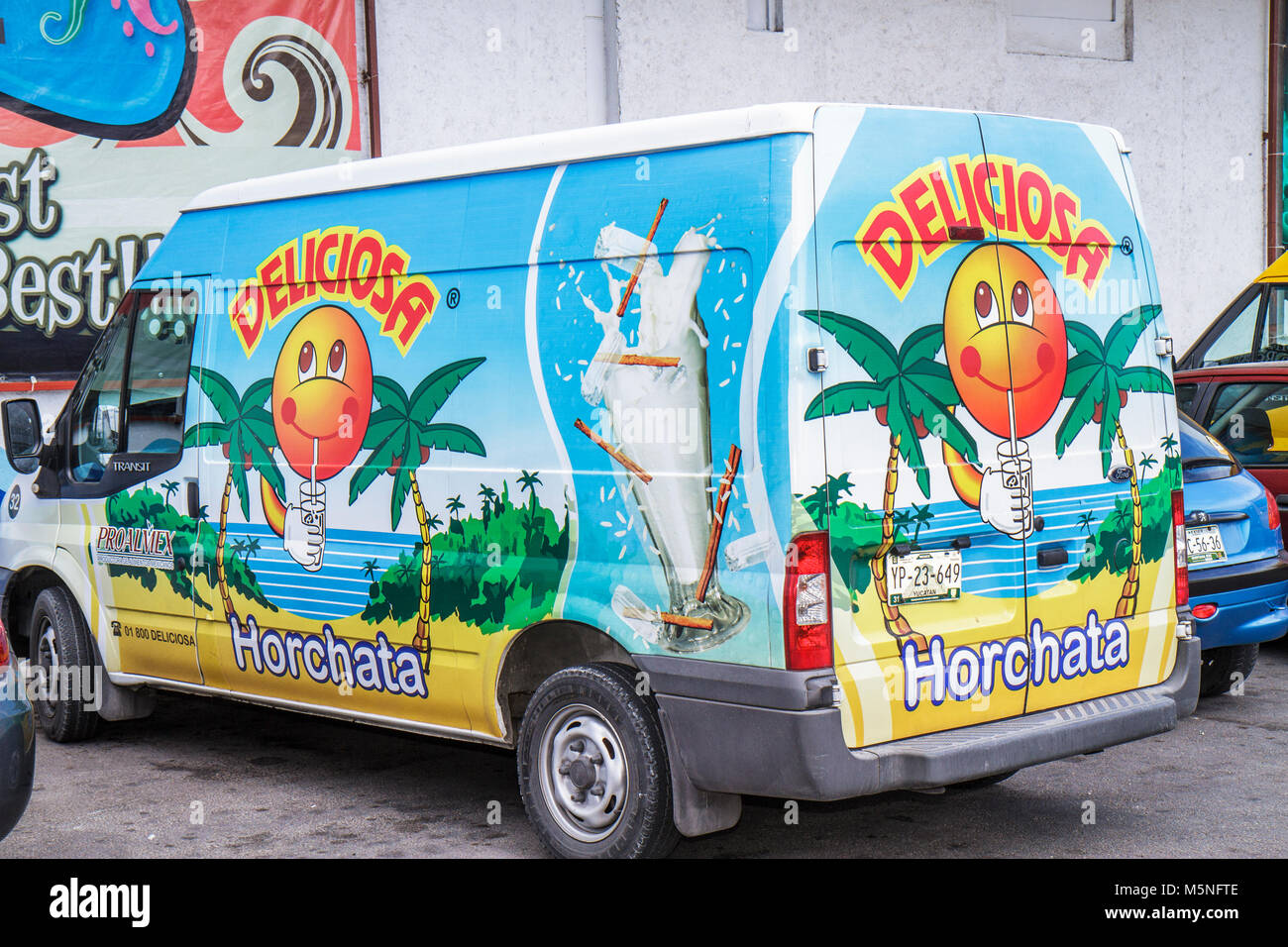 Cancun Mexico,Mexican,Avenida Coba,delivery van,commercial vehicle,painted ad,advertising,Deliciosa,trademark,traditional drink drinks,beverage,Horcha Stock Photo