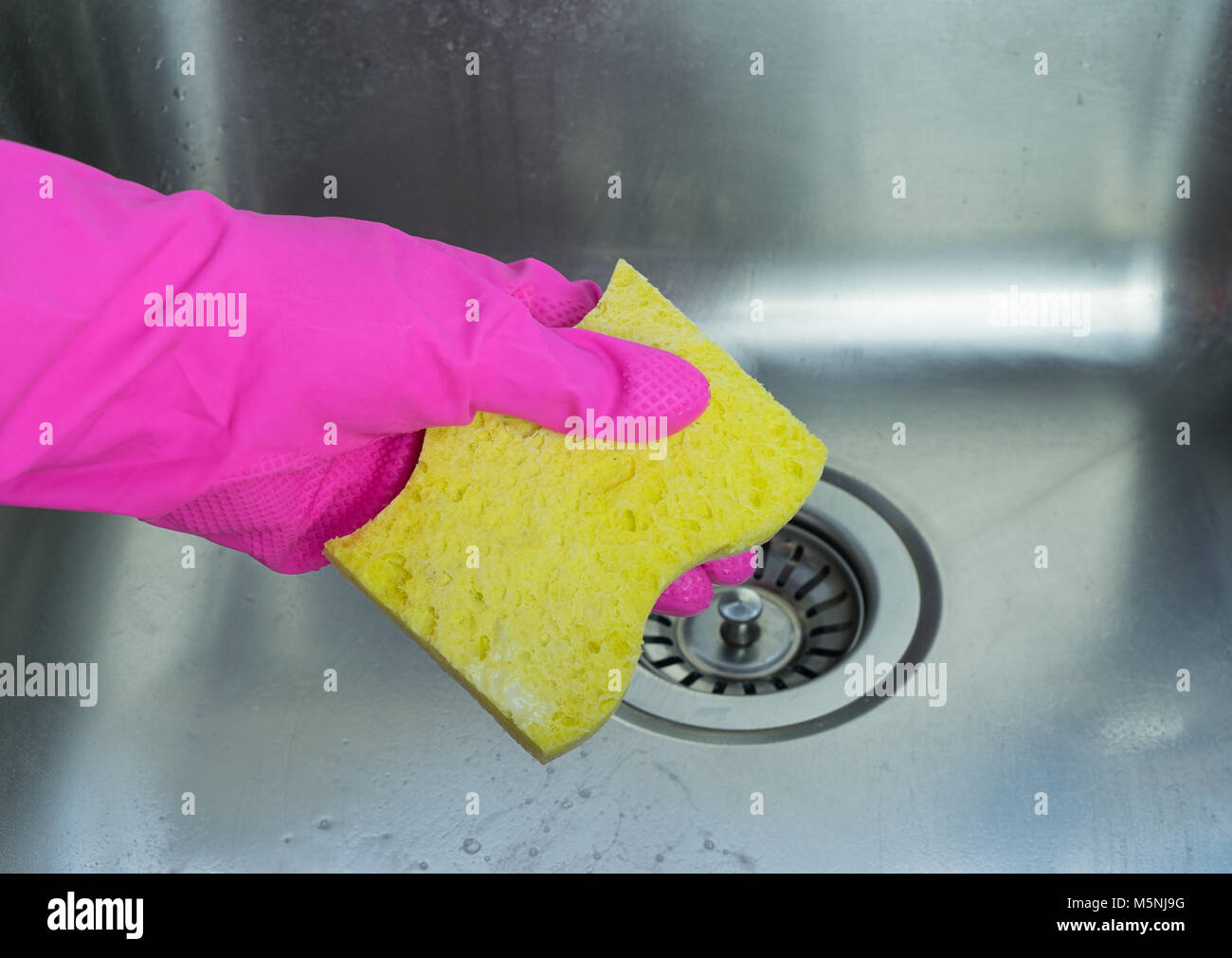 Female hand wearing pink rubber glove cleaning scrub metallic sink with