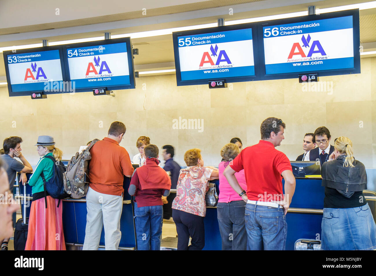 Cancun Mexico,Mexican,Yucatán Peninsula,Quintana Roo,Cancun International Airport,aviation,ticket counter,check in,American Airlines,carrier,passenger Stock Photo