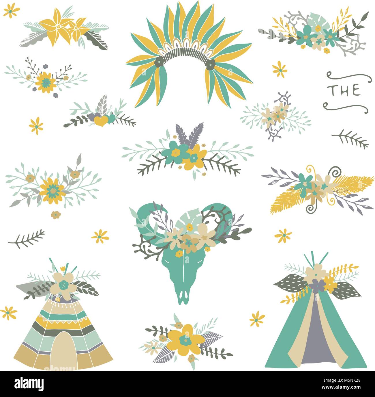 Green floral tribal collection. Teepee, wedding floral, arrow,wreaths, feathers. Wedding Invitation. Hand drawn tribal elements with flowers. Stock Vector