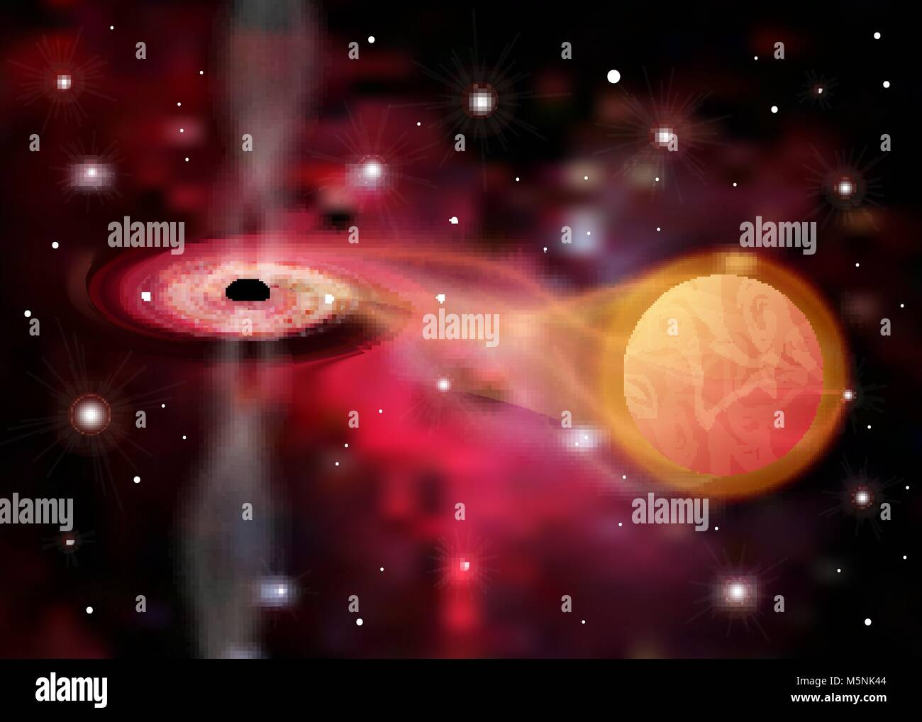 Cosmos Black hole in space. Stars and material falls into a black hole. black hole eating planets. Excess gas escapes from a black hole. 10 eps Stock Vector