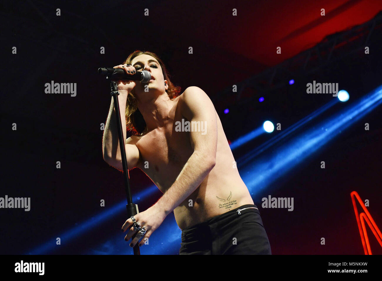 Napoli, Italy. 24th Feb, 2018. Damiano David frontman of the Maneskin performs live on stage at the Casa della Musica in Napoli Credit: Paola Visone/Pacific Press/Alamy Live News Stock Photo