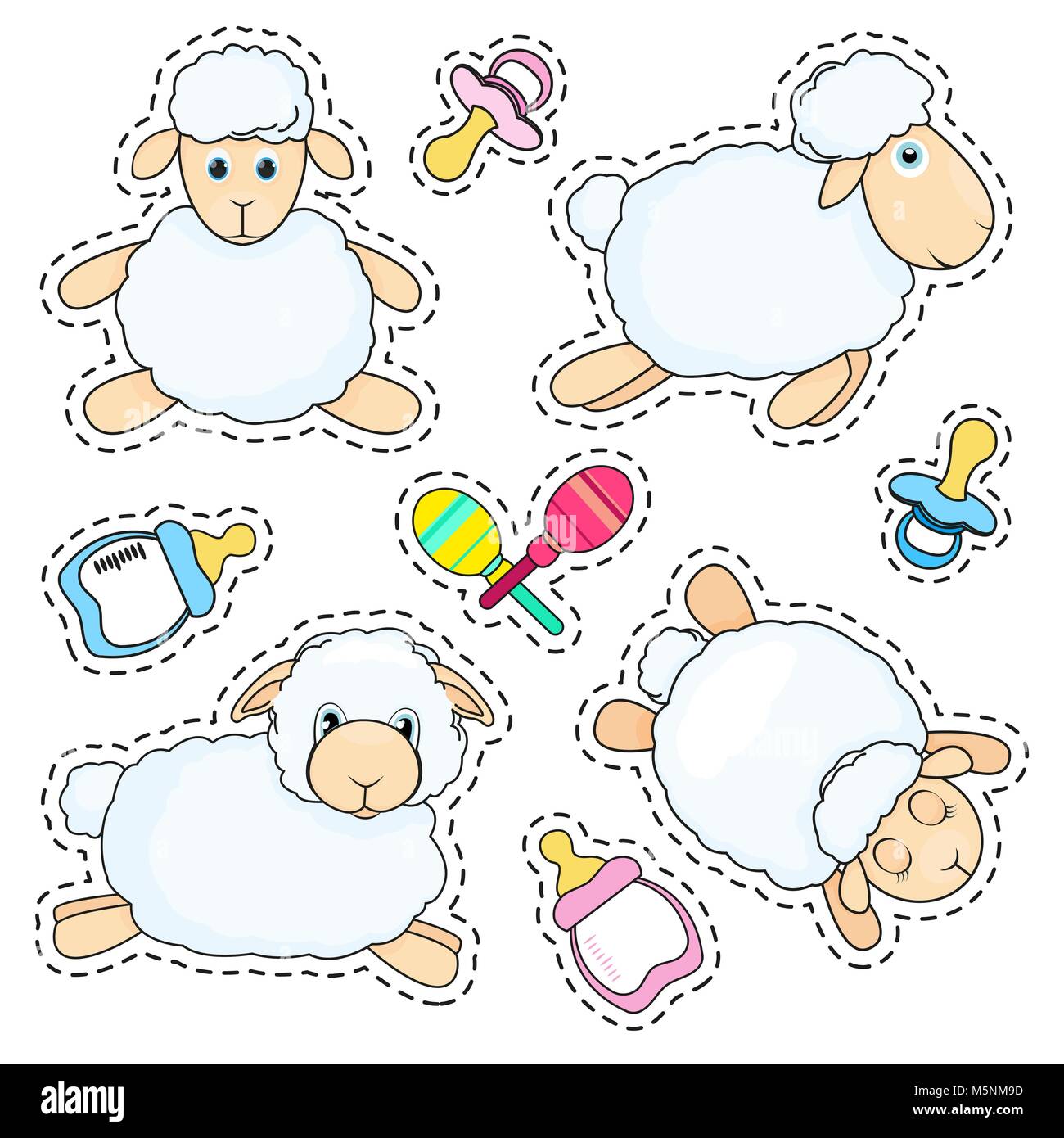 Set of stickers sheep in cartoon style isolated on white background. Sheep in different poses. Baby bottle, nipple and toys. Vector illustration. Stock Vector