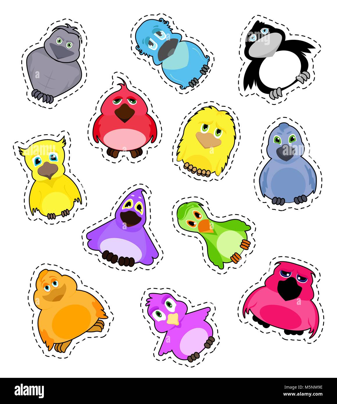 Set of stickers cute colorful cartoon birds isolated on white ...