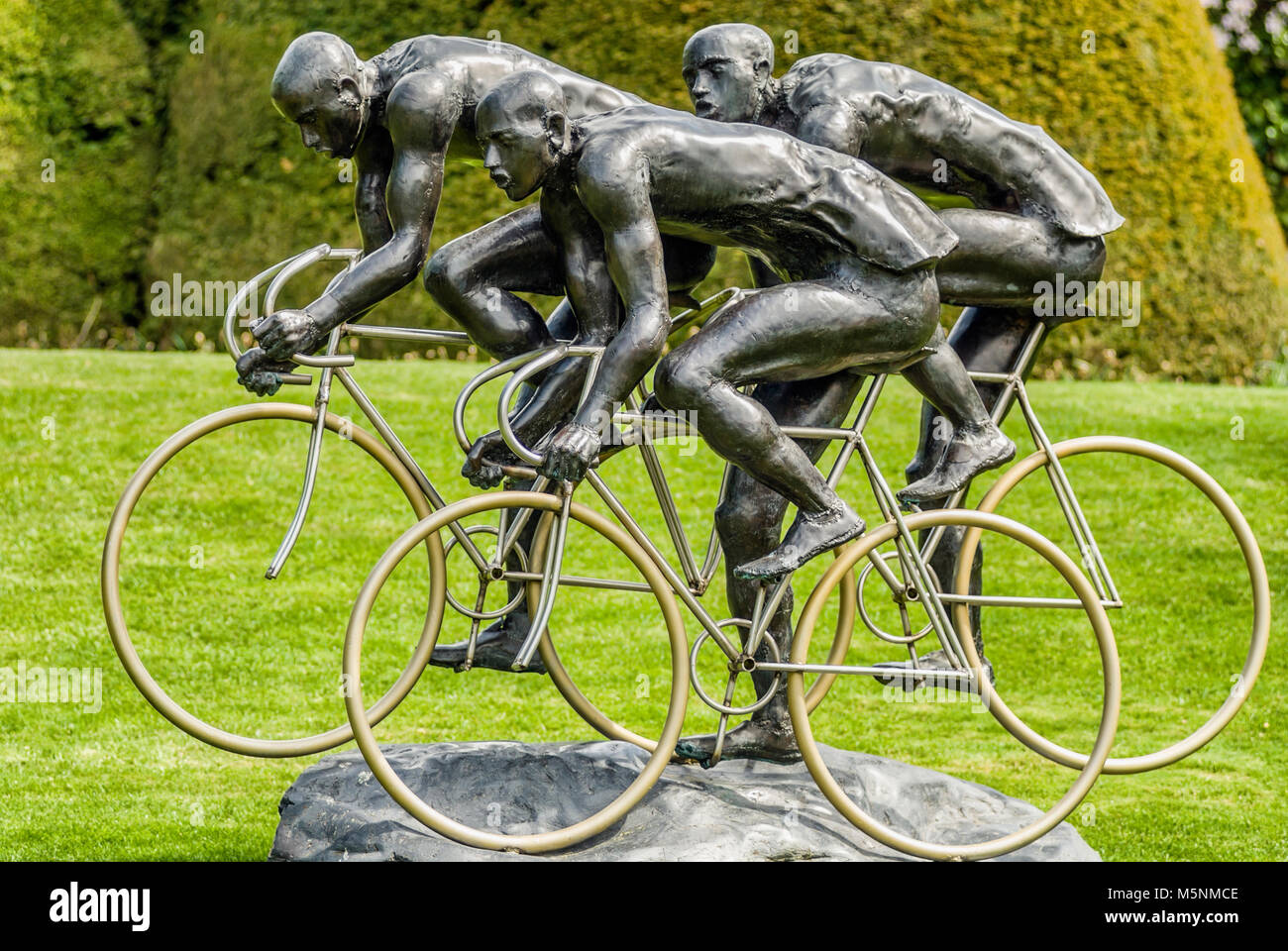 Cyclists Sculpture at the La Parc Olympic in Lausanne, Switzerland. Stock Photo