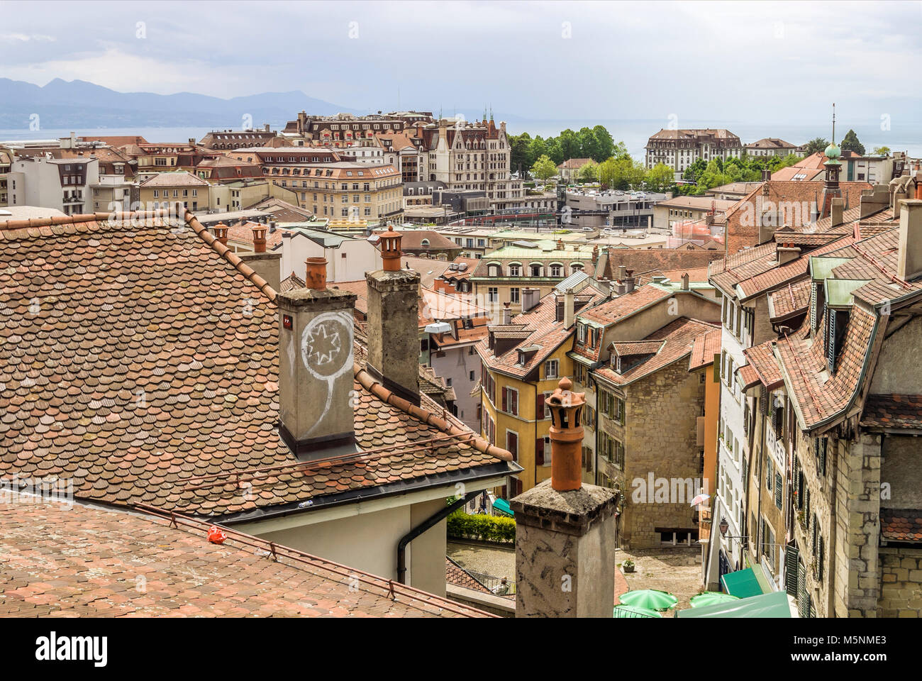 View  over the old town of Lausanne at the Lake Geneva Stock Photo