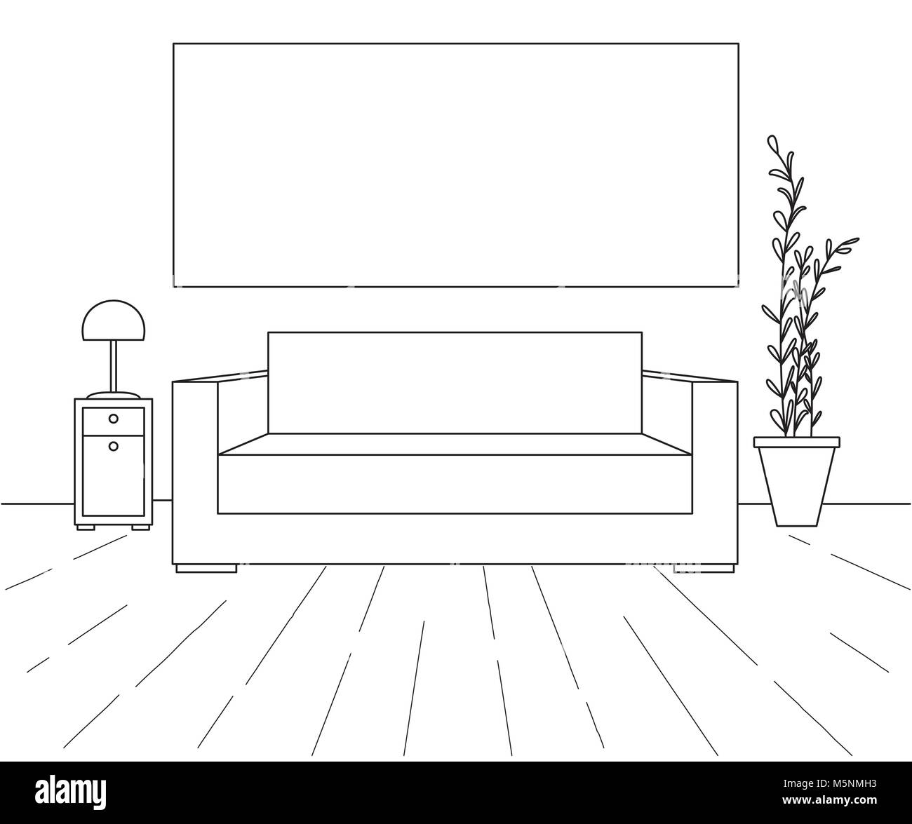 Modern interior. Sofa, floor lamp and bedside table. Frame on the wall for Fitting Your information. Vector illustration in a linear style. Stock Vector