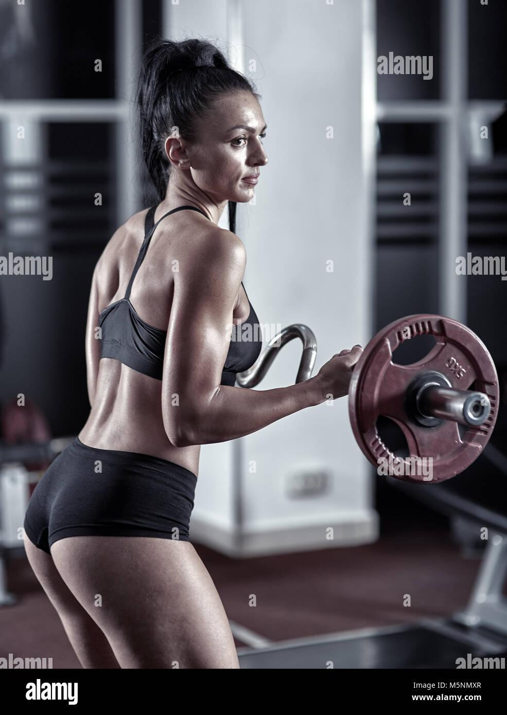 Young athletic woman doing biceps curl with barbell in the gym Stock Photo  - Alamy