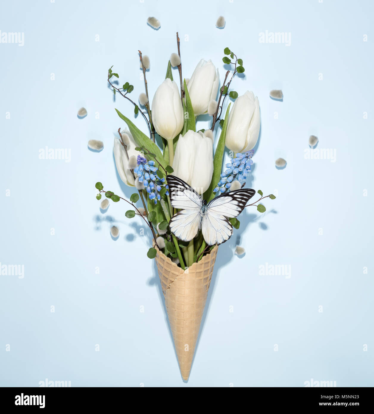 tulip and hyacinth flower in waffle cone Stock Photo