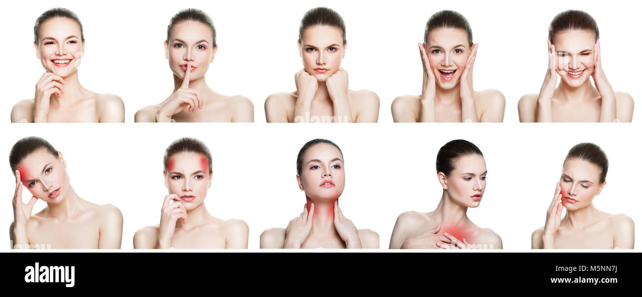 Set of female disease and health. Collage of young woman expressing different emotions, gesturing, negative and positive female face expressions isola Stock Photo