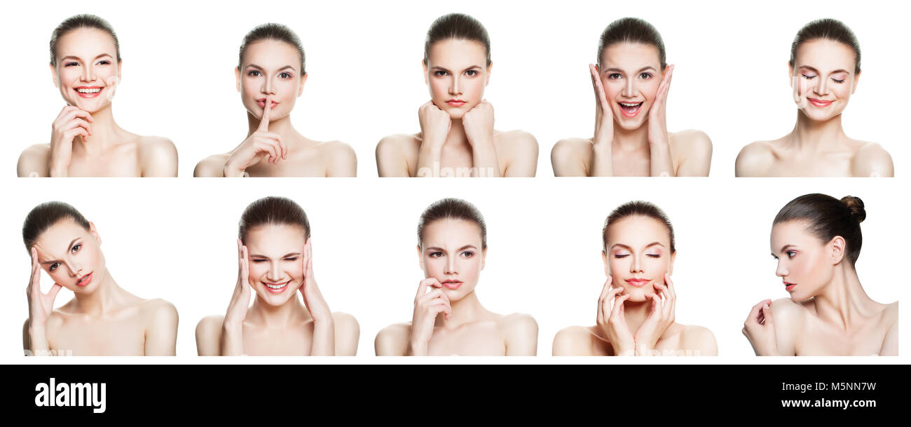 Collage of negative and positive female face expressions. Set of young woman expressing different emotions and gesturing isolated on white backgroung Stock Photo