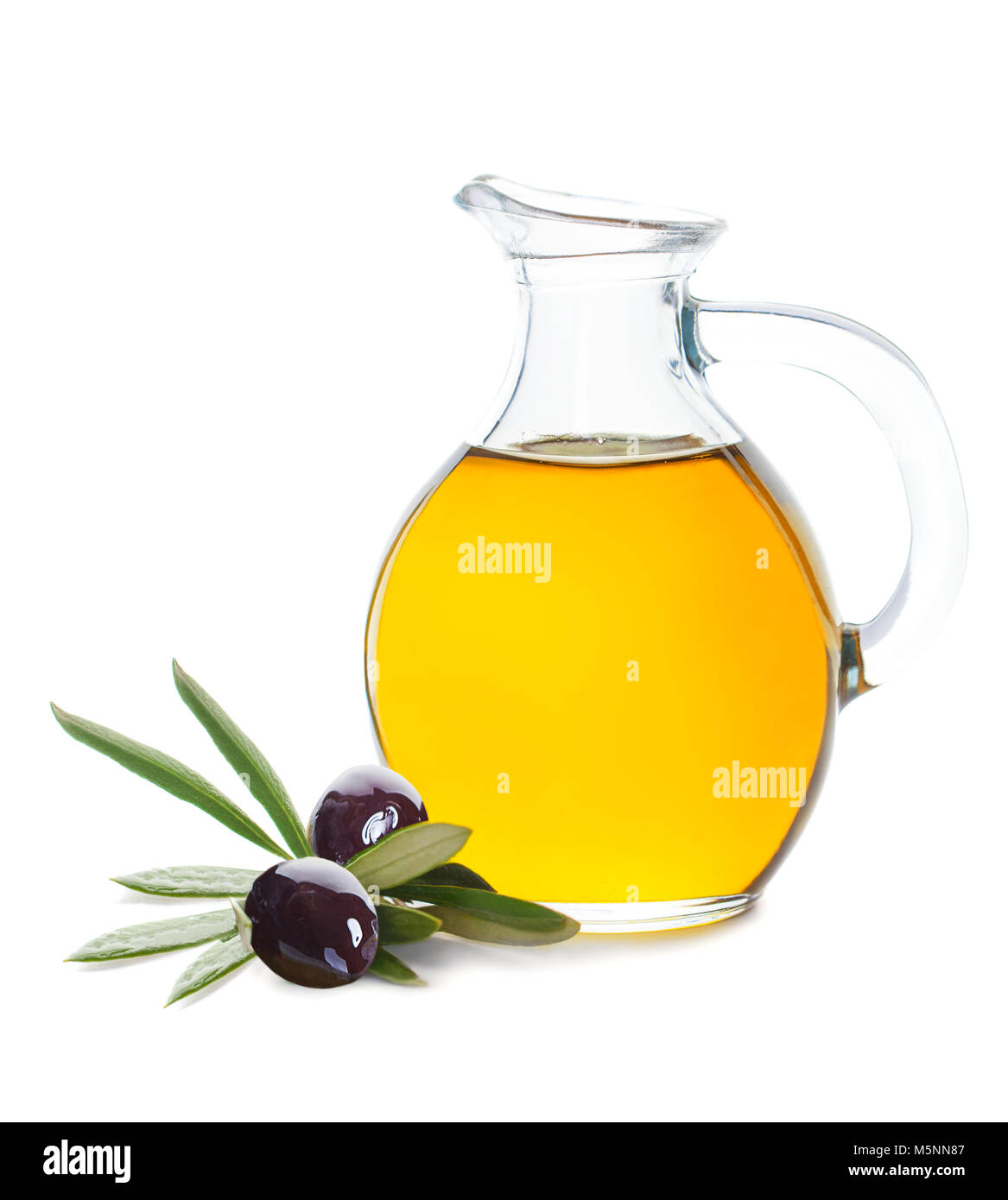 Glass Bottle of Organic Olive Oil and Black Olive Isolated on White ...