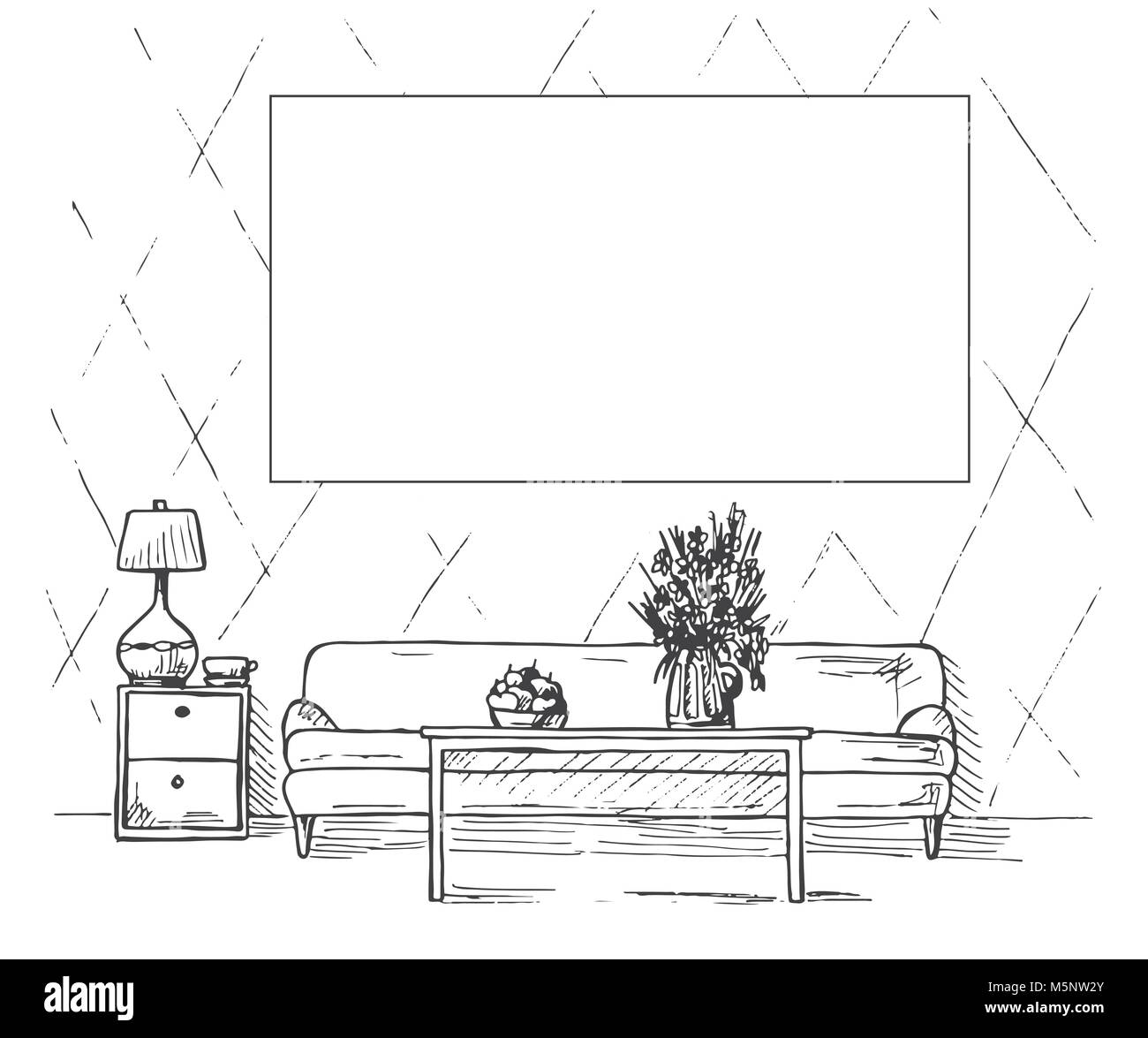 Linear sketch of an interior. Sofa, table, bedside table, lamp, flower. Frame on the wall for Fitting Your information. Hand drawn vector illustration Stock Vector