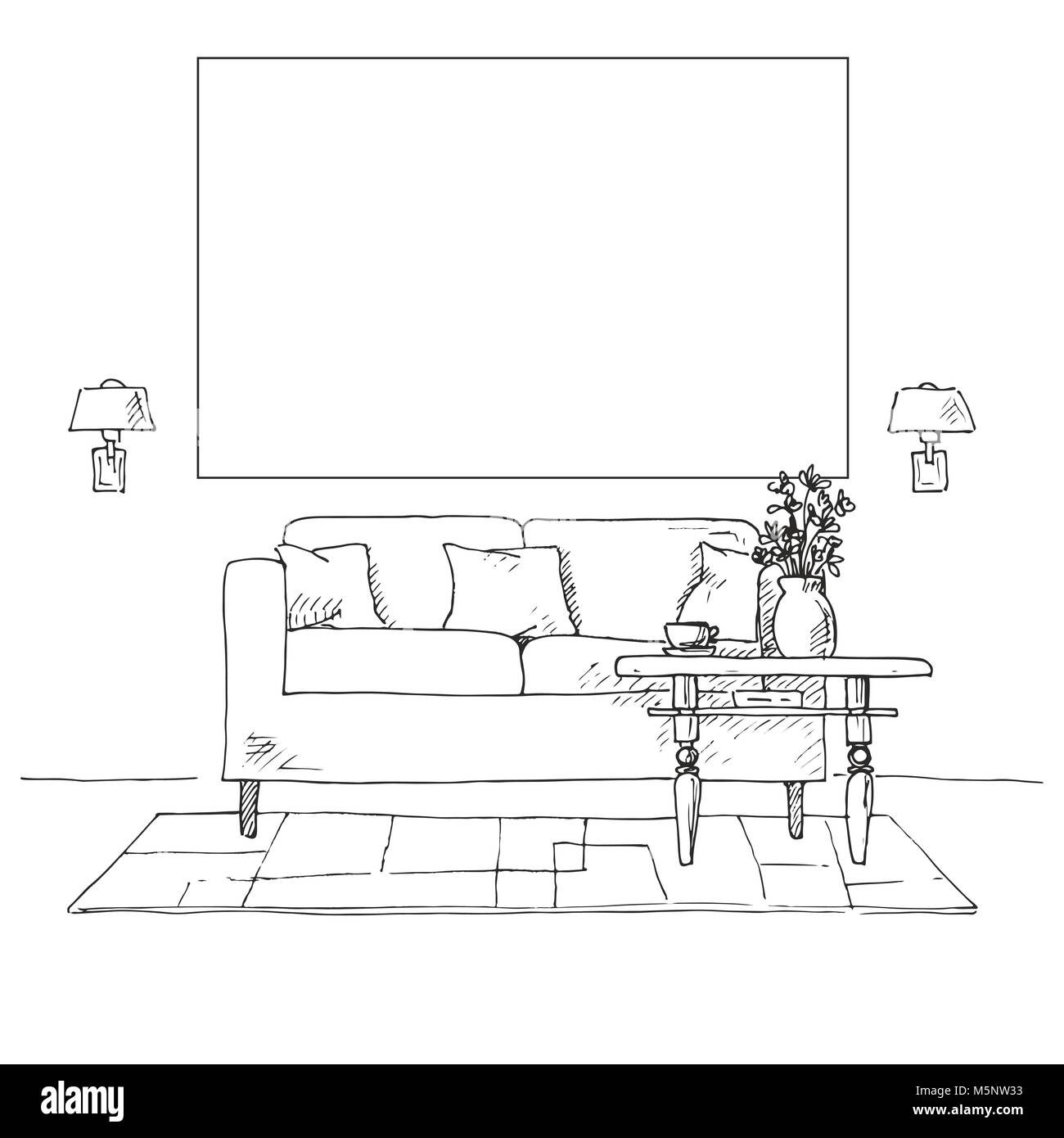 Linear sketch of an interior. Sofa, table, bedside table, lamp, flower. Frame on the wall for Fitting Your information. Hand drawn vector illustration Stock Vector