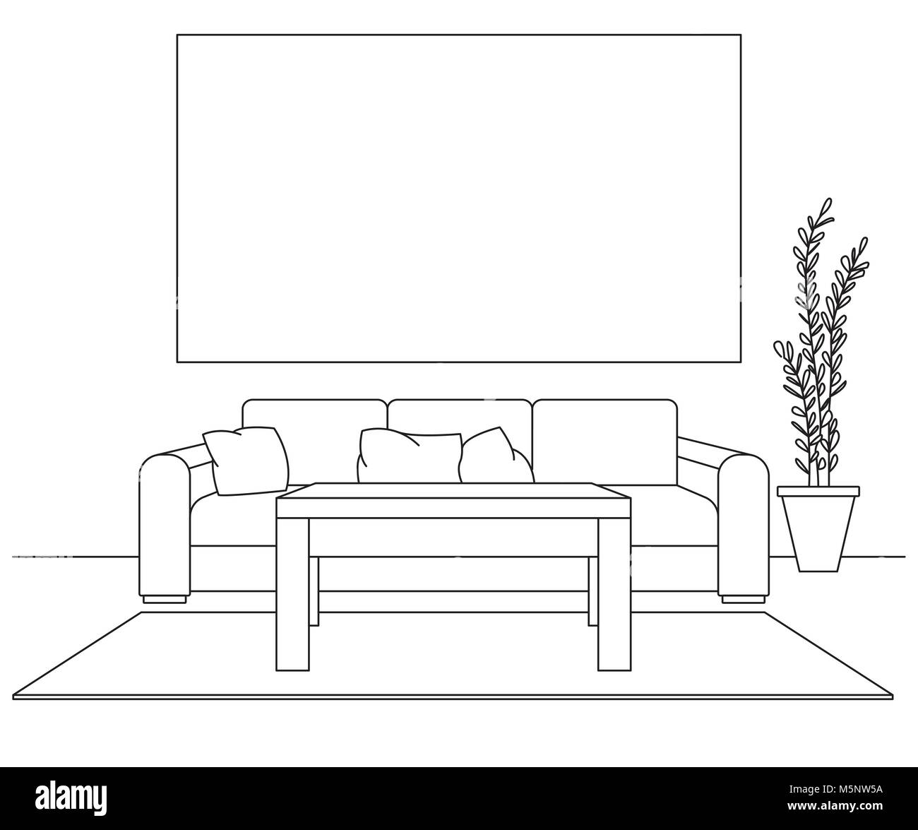 Modern interior. Sofa, lamp and bedside table. In front of the sofa is a carpet. Frame on the wall for Fitting Your information.Vector illustration in Stock Vector