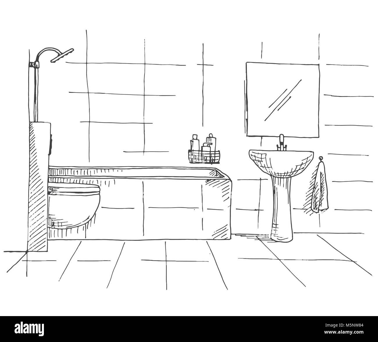 Hand drawn sketch. Linear sketch of an interior. Part of the bathroom.  Vector illustration Stock Vector Image & Art - Alamy