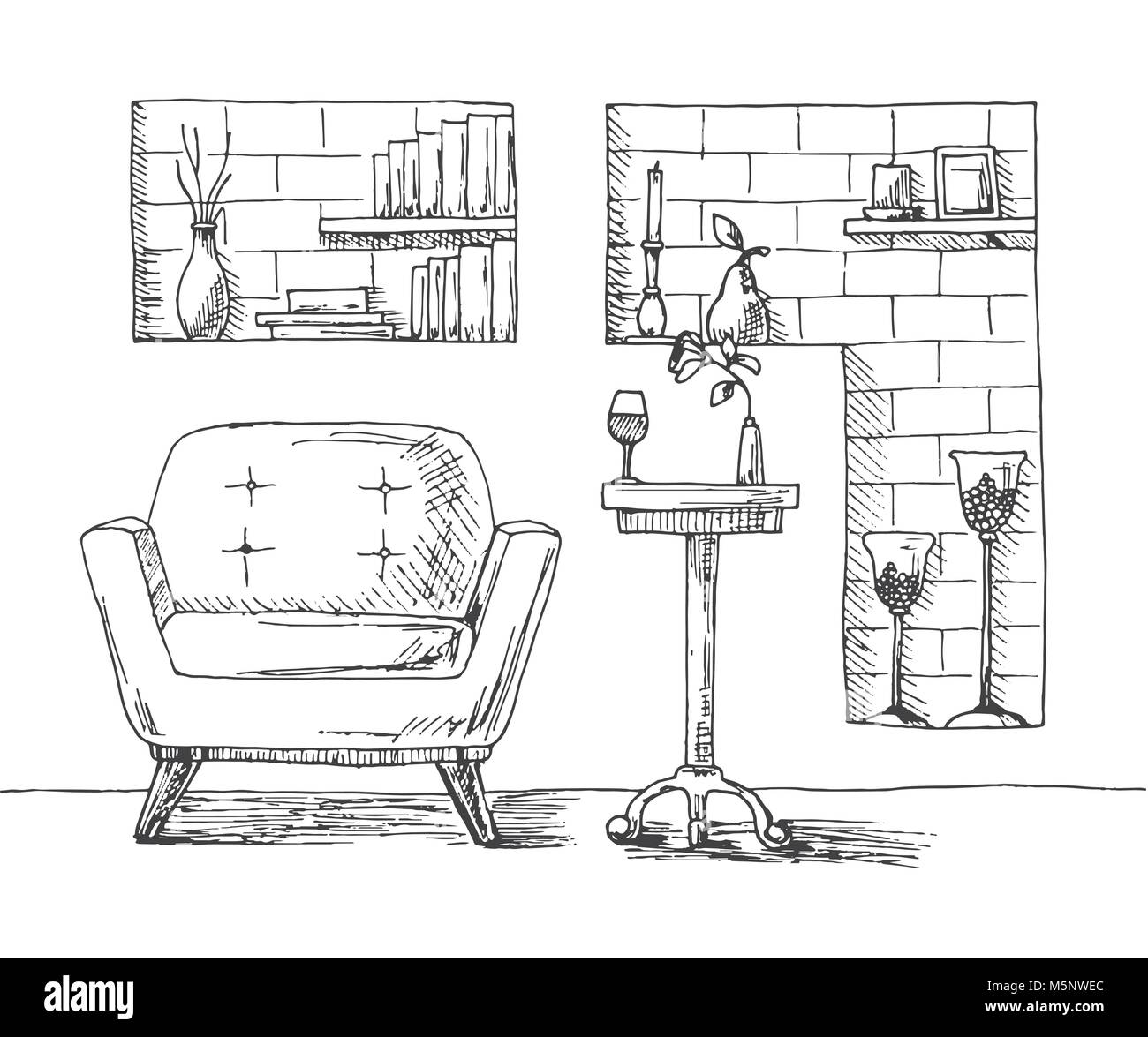 Hand drawn chair, desk, niche in the wall with shelves. On the table is a glass and a vase with a flower. On the shelves of books and other objects of Stock Vector