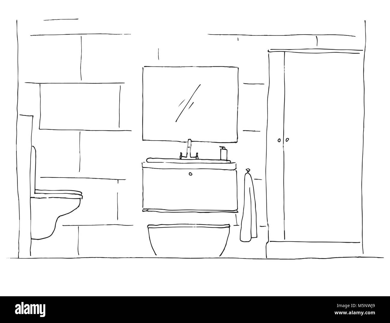 Hand drawn sketch. Linear sketch of an interior. Part of the bathroom. Vector illustration Stock Vector