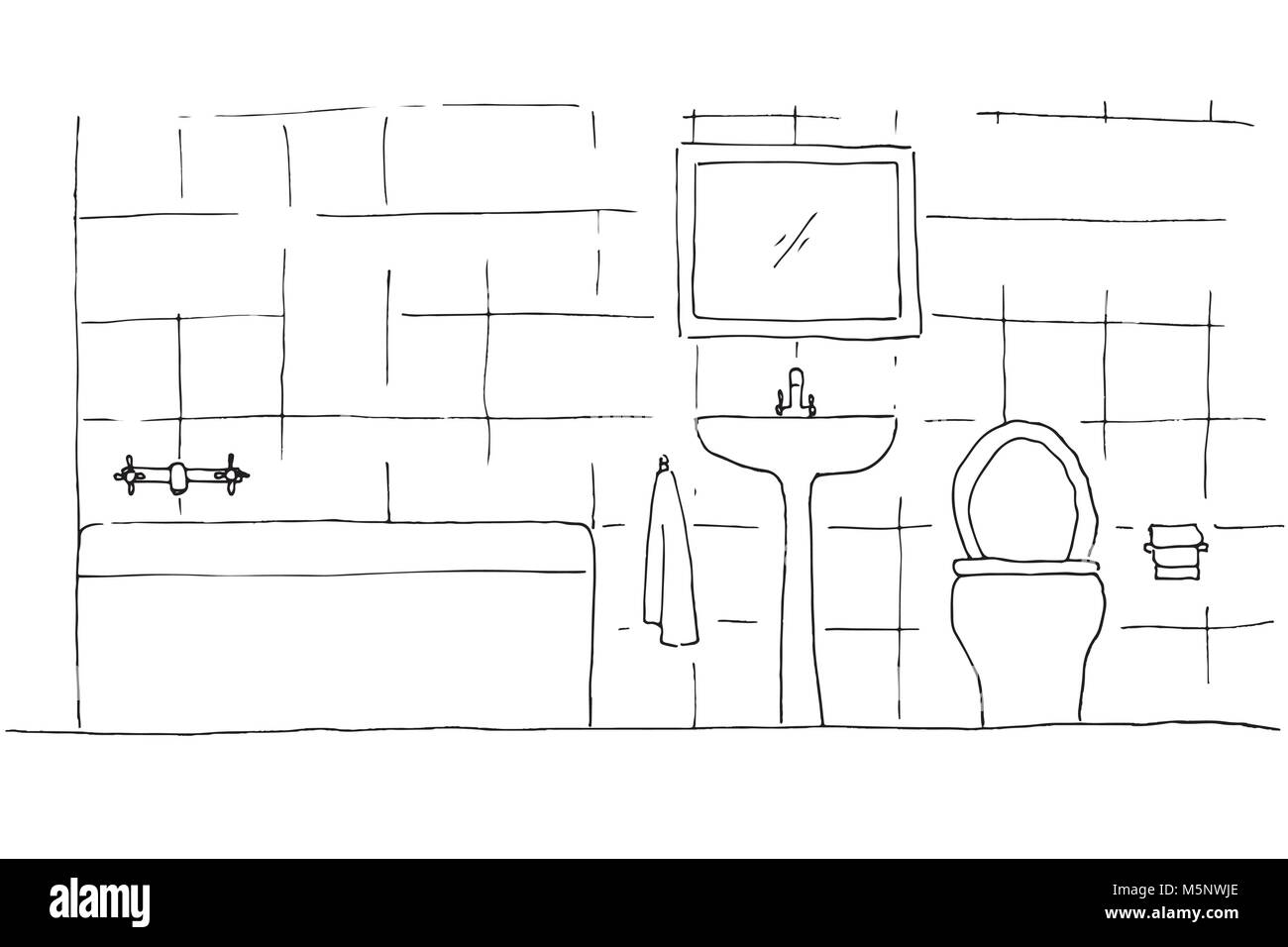 Hand drawn sketch. Linear sketch of an interior. Part of the bathroom. Vector illustration Stock Vector