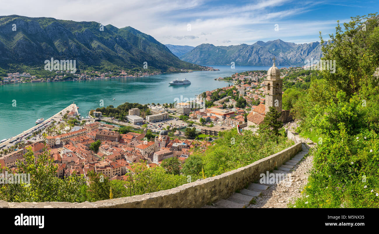 Panorama view of the old town of Kotor at famous Bay of Kotor on a sunny day in summer, Montenegro, Balkans, southern Europe Stock Photo