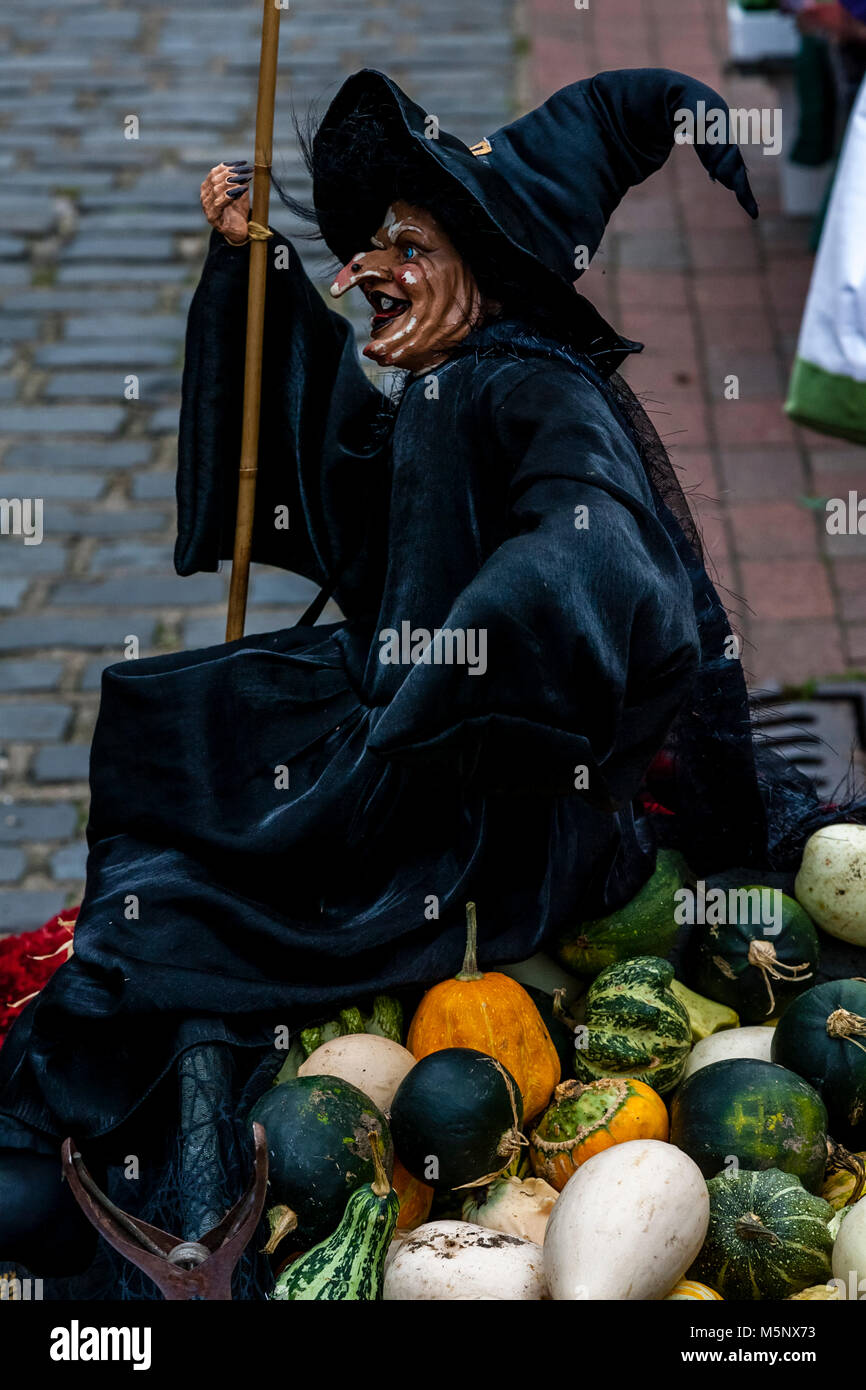 Street Market Stall Selling Flowers, Pumpkins and Squashes At Halloween, High Street, Lewes, Sussex, UK Stock Photo