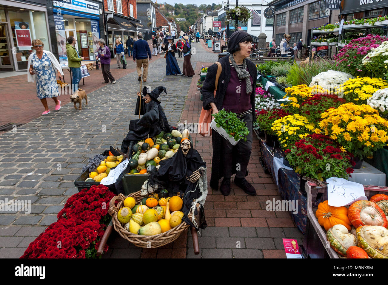 Street Market Stall Selling Flowers, Pumpkins and Squashes At Halloween, High Street, Lewes, Sussex, UK Stock Photo