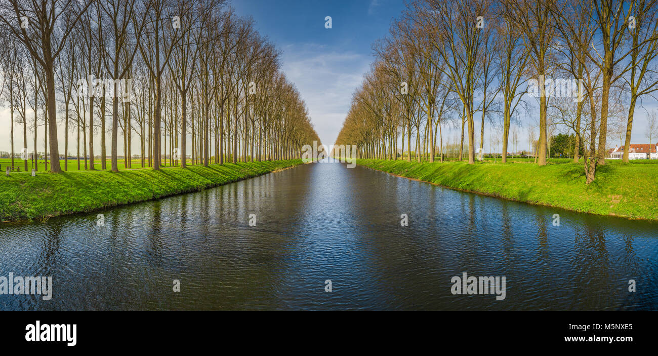 Panorama view of famous Damme Canal, also known as Damse Vaart or Napoleonvaart, near the city of Brugge in evening light at sunset, Flanders, Belgium Stock Photo