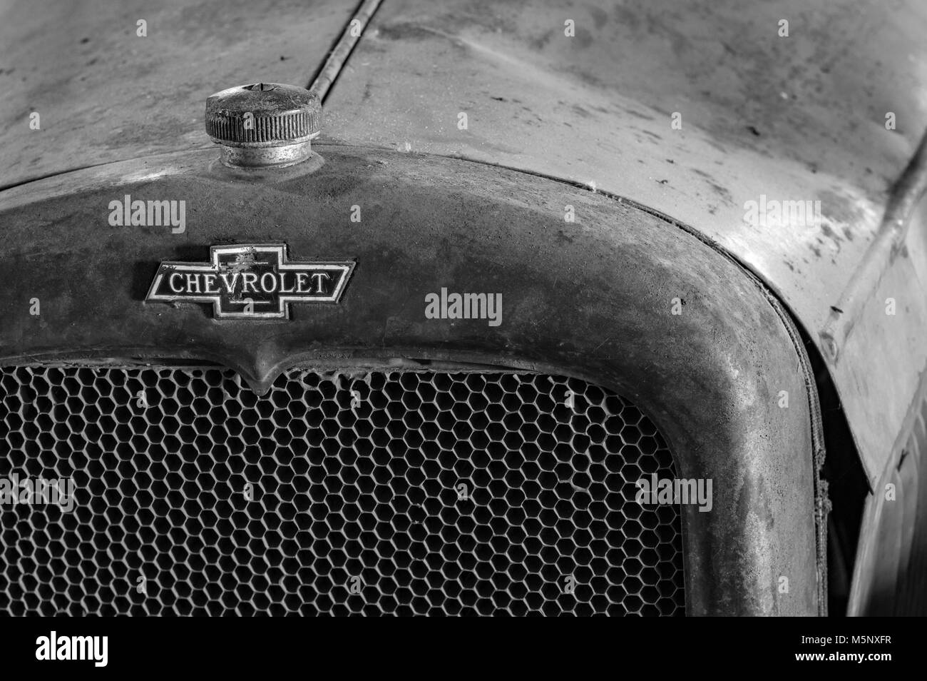 Radiator and hood of a vintage Chevrolet automobile Stock Photo
