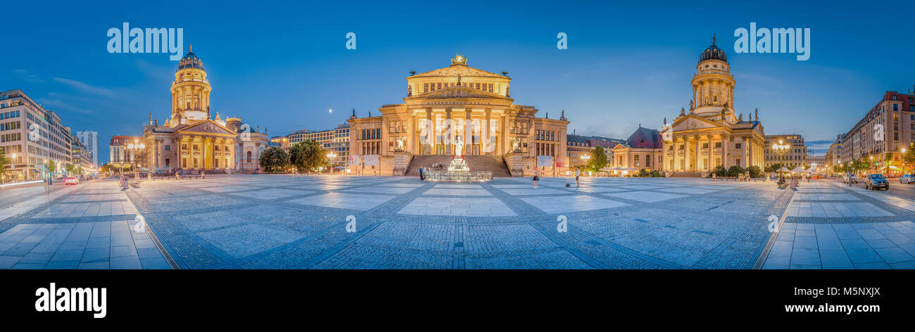 Gendarmenmarkt square panorama with historic Berlin Concert Hall and German and French Churches in twilight at dusk, central Berlin, Germany Stock Photo