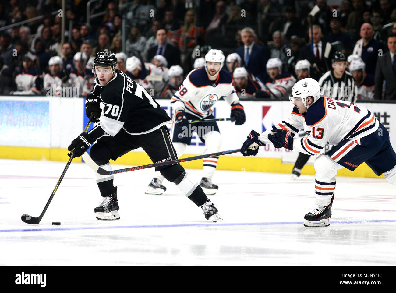 Los Angeles, California, USA. 24th Feb, 2018. Los Angeles Kings' forward Tanner Pearson (70) and Edmonton Oilers' forward Michael Cammalleri (13) in actions during a 2017-2018 NHL hockey game in Los Angeles, on Feb. 24, 2018. Edmonton Oilers won 4-3. Credit: Ringo Chiu/ZUMA Wire/Alamy Live News Stock Photo