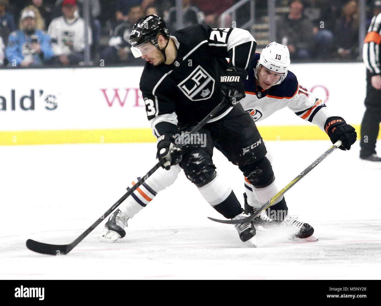 Los Angeles, California, USA. 24th Feb, 2018. Los Angeles Kings' forward Dustin Brown (23) and Edmonton Oilers' forward Michael Cammalleri (13) in actions during a 2017-2018 NHL hockey game in Los Angeles, on Feb. 24, 2018. Edmonton Oilers won 4-3. Credit: Ringo Chiu/ZUMA Wire/Alamy Live News Stock Photo