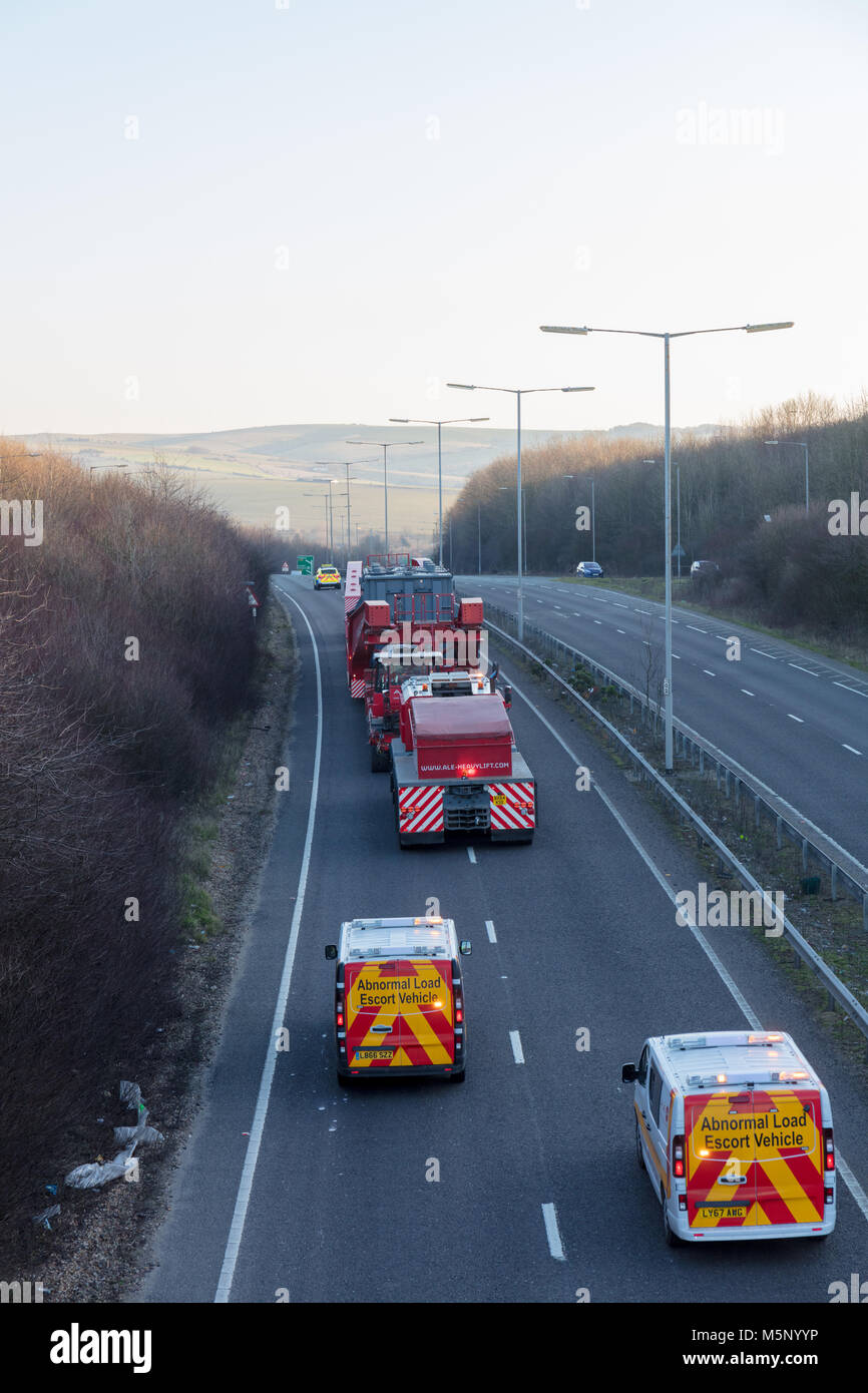 A27, Hove, East Sussex, UK; 25th February 2018; Electricity Transformer Being Transported by Road from Shoreham Port to Henfield.  Load is 78 Metres Long, 4.6 Metres Wide and Weighs About 331 Tonnes. Credit: Ian Stewart/Alamy Live News Stock Photo