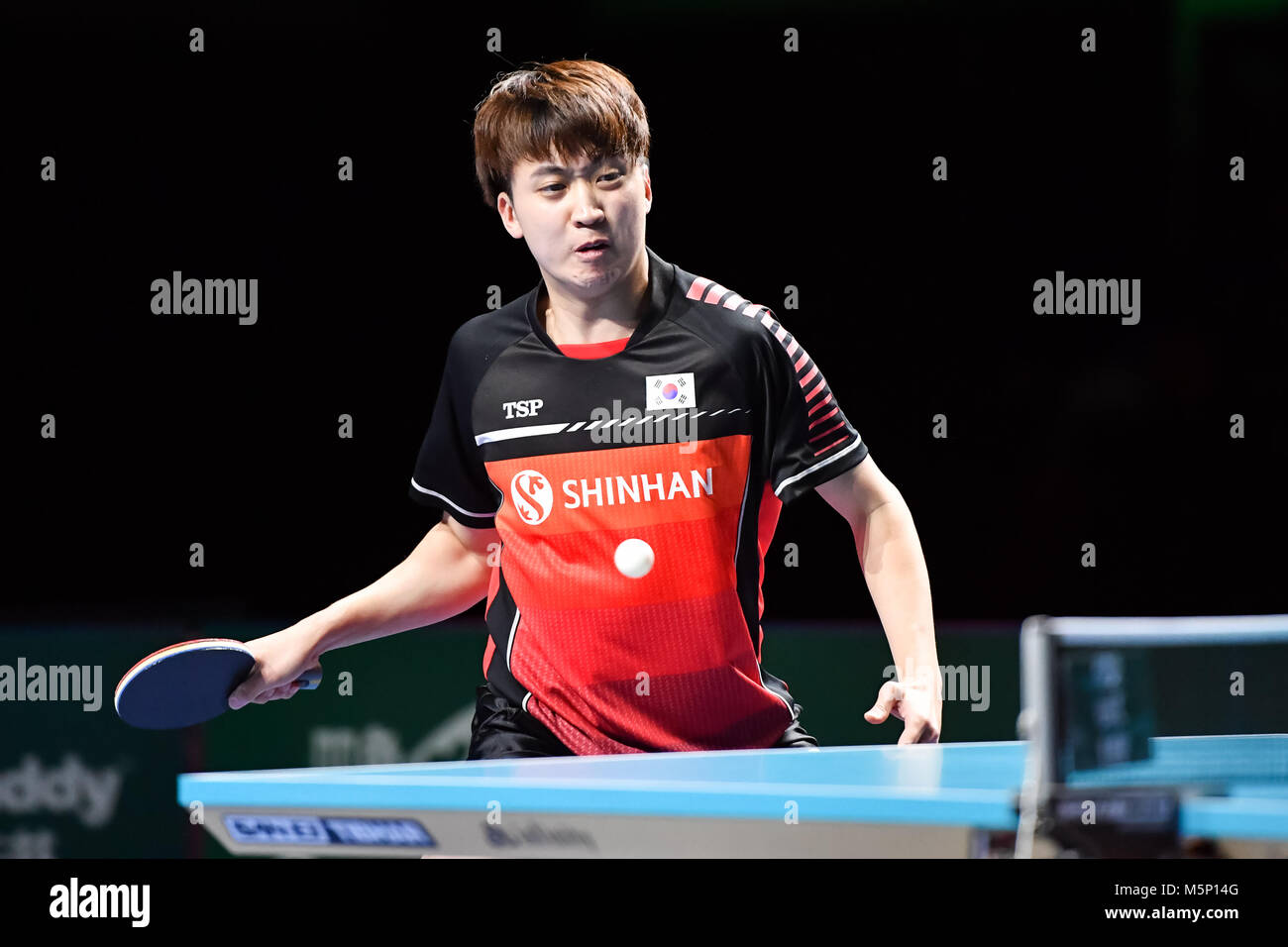 London, UK. 24th February, 2018. Jeoung Youngsik of Korea Republic during  International Table Tennis Federation Team World Cup - Men's Semi-Final  match between Koki Niwa against Jeoung Youngsik of Korea Republic at
