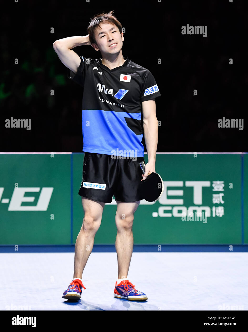 London, UK. 24th February, 2018. Koki Niwa of Japan  during International Table Tennis Federation Team World Cup - Men's Semi-Final match between   Koki Niwa against Jeoung Youngsik of Korea Republic at Copper Box Arena on Saturday, 24 February 2018. LONDON ENGLAND. Credit: Taka G Wu Credit: Taka Wu/Alamy Live News Stock Photo